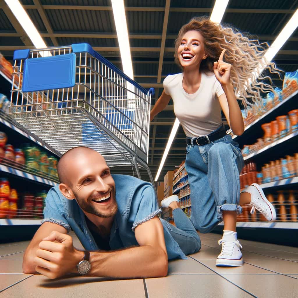 mann mit glatze supermarkt einkaufswagen rennen