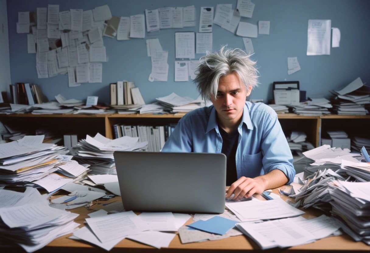 Gestresster Mann im Büro mit zerzaustem Haar. Haarausfall durch Stress.