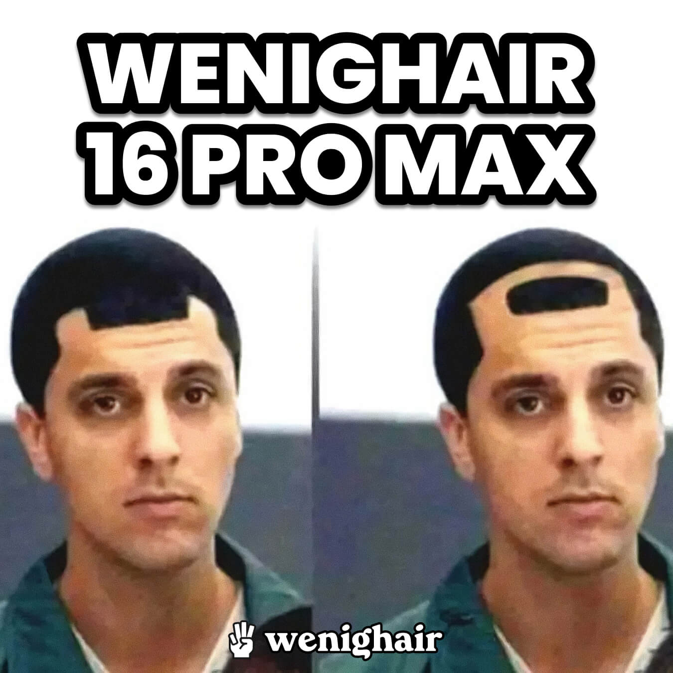 Meme zeigt Haarschnitt-Vergleich: links normaler Haarschnitt, rechts Glatze. Text "WENIGHAIR 16 PRO MAX" spielt auf iPhone-Upgrade an. wenighair-Logo unten.