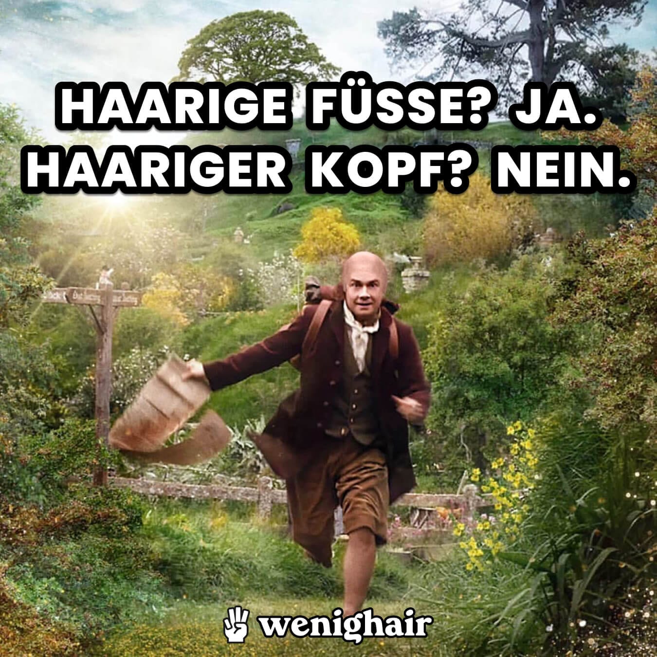 Glatzköpfiger Hobbit läuft mit wenighair E-Book durch grüne Landschaft. Text: "Haarige Füße? Ja. Haariger Kopf? Nein!"