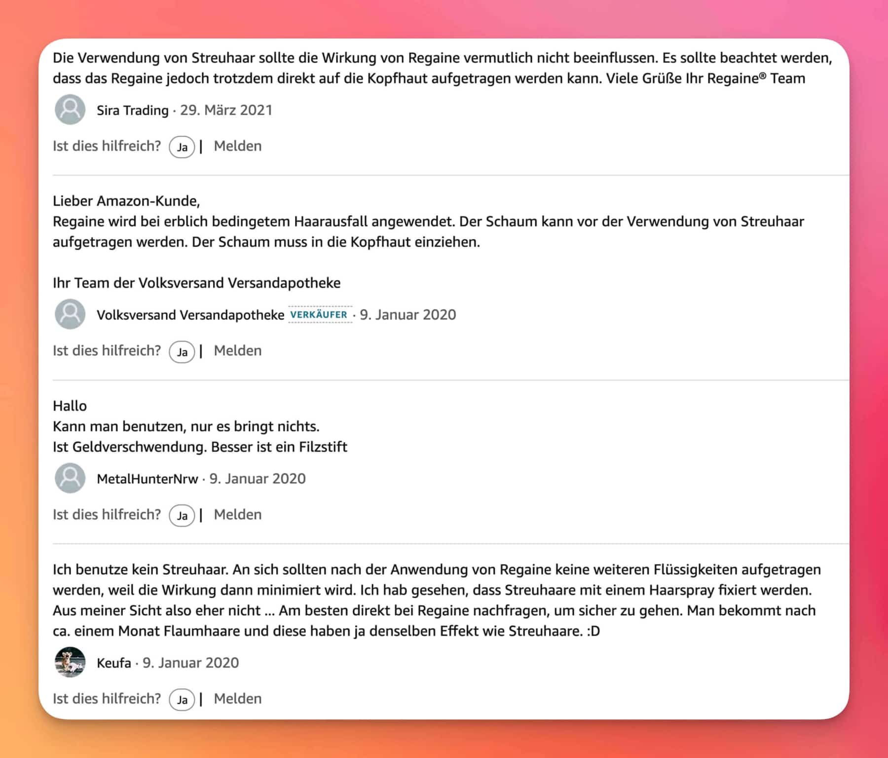 Menschen auf Amazon teilen Regaine Erfahrung