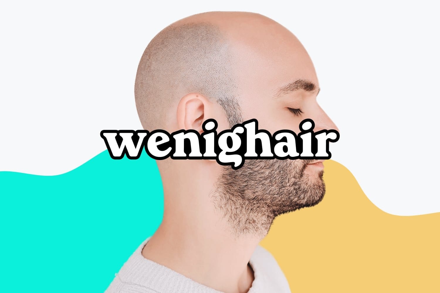 Seitenansicht eines kahlen Männerkopfes mit Bart, "wenighair" Logo im Vordergrund, farbiger Hintergrund symbolisiert Selbstbewusstsein.