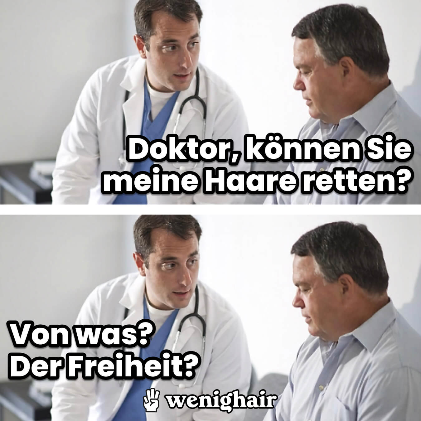 Haarausfall Meme Doktor spricht mit Patient über Glatze