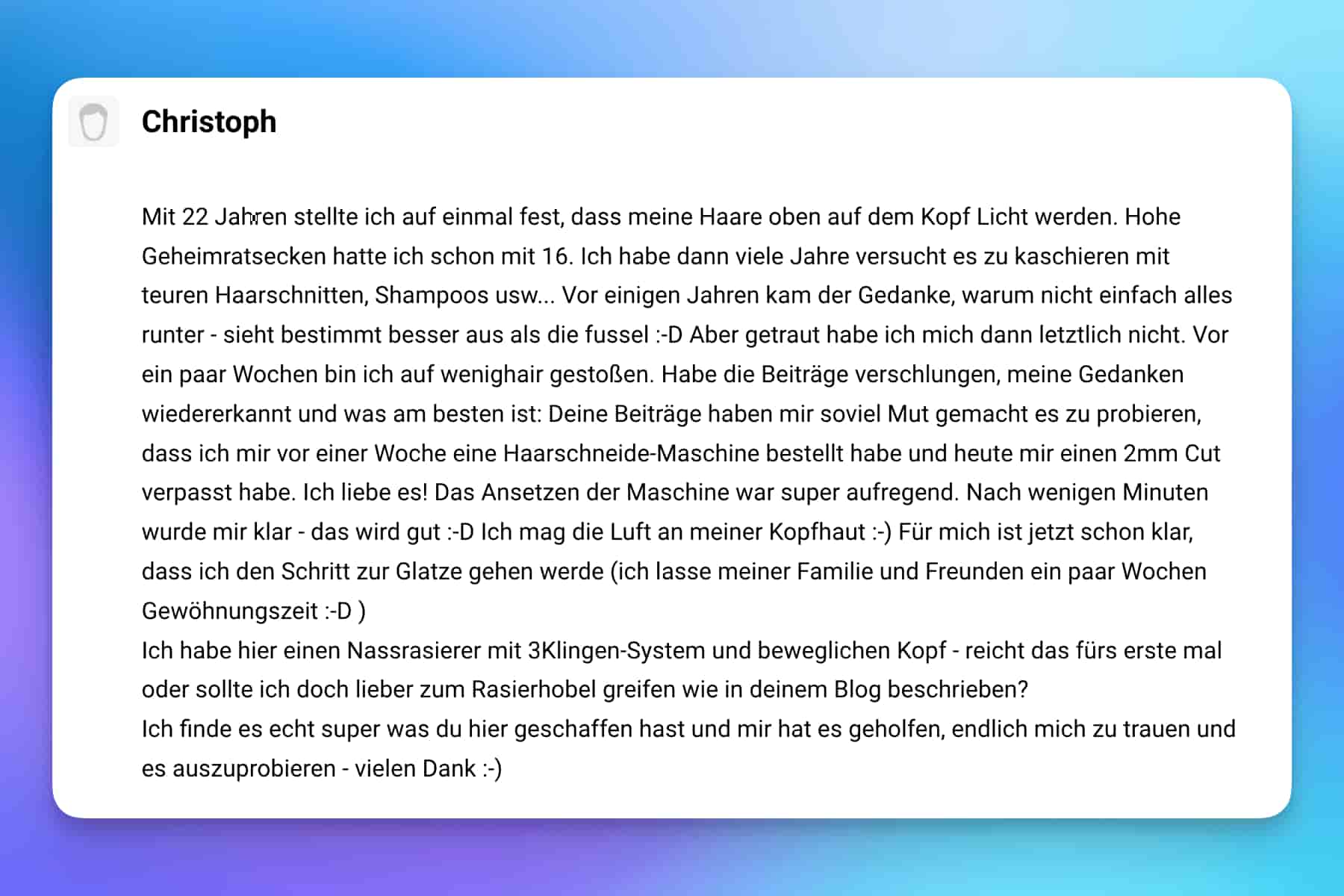 Junger Mann erzählt über seinen wenighair-Erfolgsmoment über seine Geheimratsecken auf dem Kopf mit anfang 20