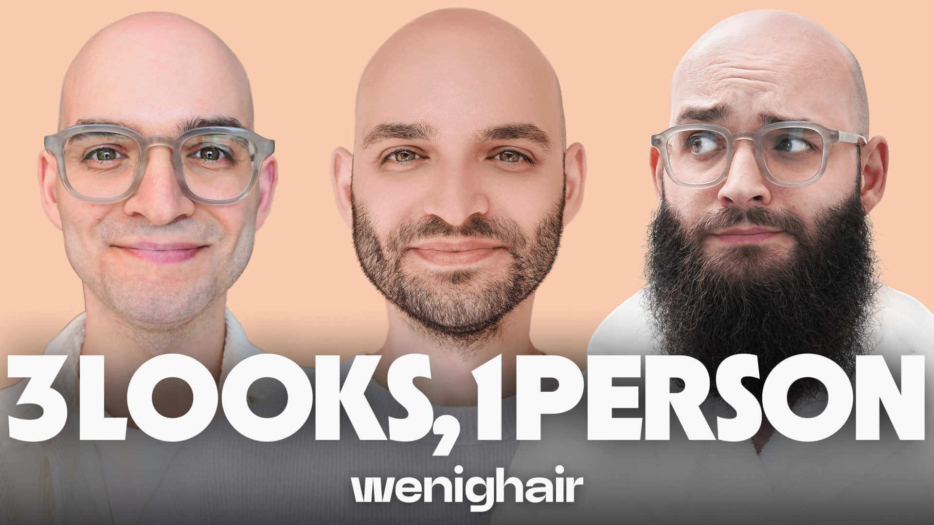 "3 LOOKS, 1 PERSON" - Vergleich der drei Bartstile zur Glatze: Clean-Look, Dreitagebart und Vollbart, die komplett unterschiedliche Ausstrahlungen erzeugen