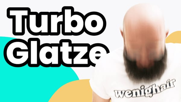 Turbo Glatze Beratung von wenighair: Bild zeigt Logo und Glatze eines Mannes, symbolisiert schnelle Hilfe bei Haarausfall.