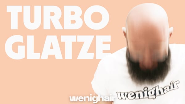 Turbo Glatze Beratung von wenighair: Bild zeigt Logo und Glatze eines Mannes, symbolisiert schnelle Hilfe bei Haarausfall.