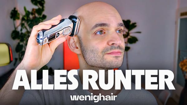 Christos von wenighair rasiert sich eine Glatze mit Elektrorasierer; Text-Overlay: "ALLES RUNTER", Symbol der endgueltigen Entscheidung.